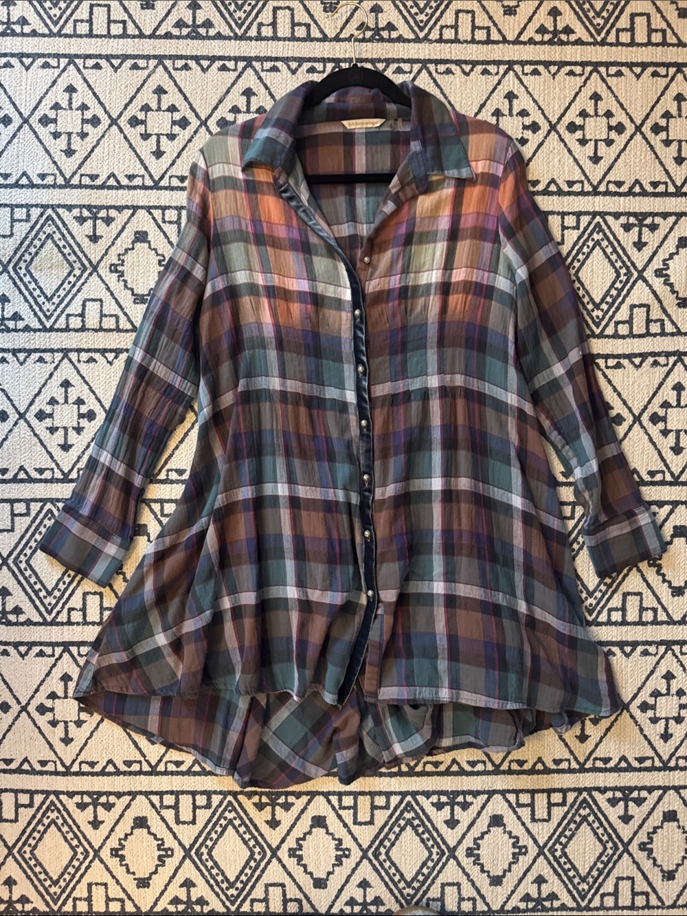 Soft Surroundings Plaid Button-Front Tunic in Green, Purple, Brown